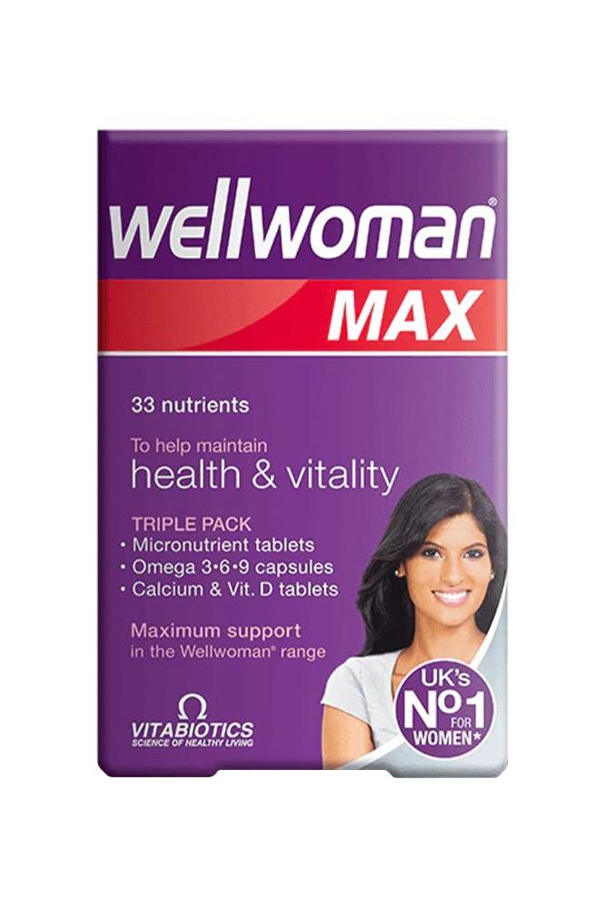 Wellwoman Max 84 capsules for women's health and vitality, triple pack of micronutrients, omega capsules, and vitamins.