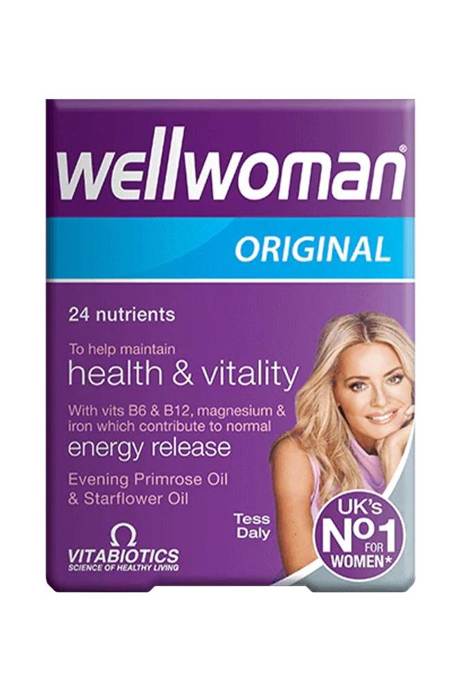 Vitabiotics Wellwoman Original multivitamin for women with 24 nutrients for health and vitality, featuring Evening Primrose Oil.