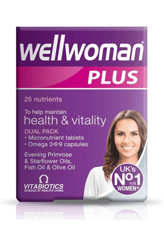 Wellwoman Plus Omega 3-6-9 dual pack by Vitabiotics, 26 nutrients for women's health and vitality.
