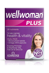 Wellwoman Plus Omega 3-6-9 dual pack by Vitabiotics, 26 nutrients for women's health and vitality.