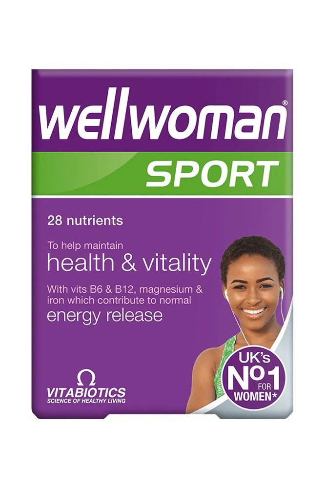 Vitabiotics Wellwoman Sport tablets packaging highlighting 28 nutrients for women's health and vitality in sports.