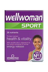 Vitabiotics Wellwoman Sport tablets packaging highlighting 28 nutrients for women's health and vitality in sports.