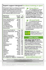 Nutritional information for Vitabiotics Wellwoman Sport tablets, designed for active women in sports.