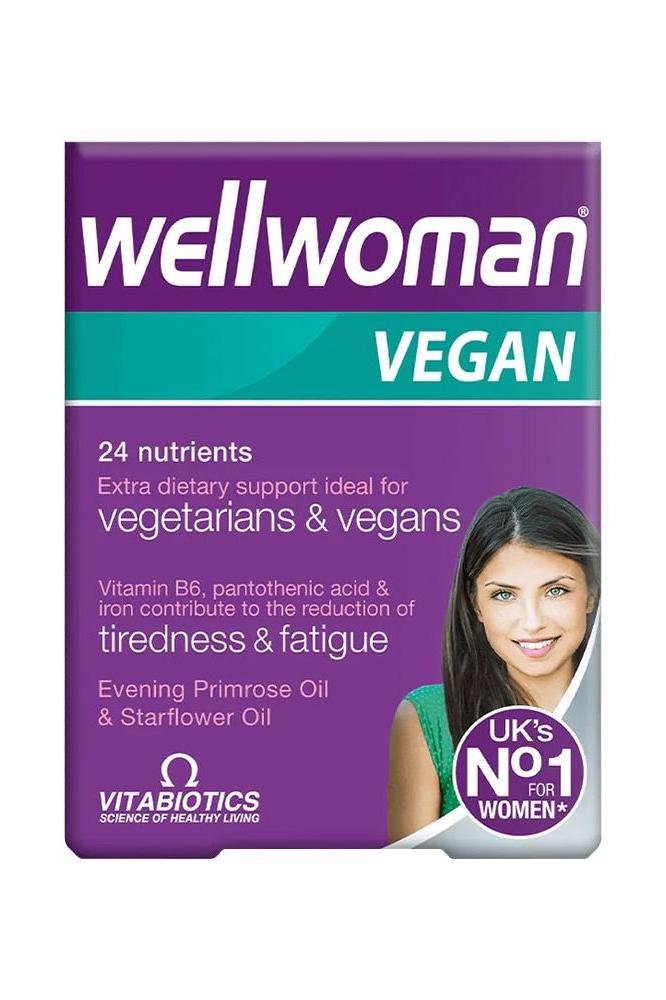 Vitabiotics Wellwoman Vegan supplement box with benefits for women, ideal for vegetarians and vegans.