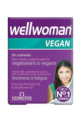 Vitabiotics Wellwoman Vegan supplement box with benefits for women, ideal for vegetarians and vegans.