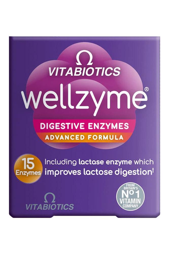 Vitabiotics Wellzyme Digestive Enzymes Advanced Formula pack showcasing 15 active enzymes for improved digestion.