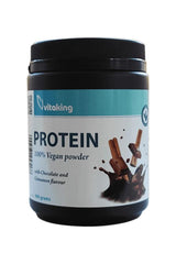 Vitaking 100% vegan protein powder in chocolate cinnamon flavor, 400g tub.