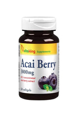 Vitaking Acai Berry 3000mg bottle, 60 softgels, packed with antioxidants and nutrients.