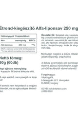 Vitaking ALA-250 Alpha Lipoic Acid 250 mg supplement facts and ingredients label.