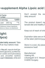 Label for Vitaking ALA-250 Alpha Lipoic Acid 250 mg supplement with usage instructions, ingredient details, and warnings.