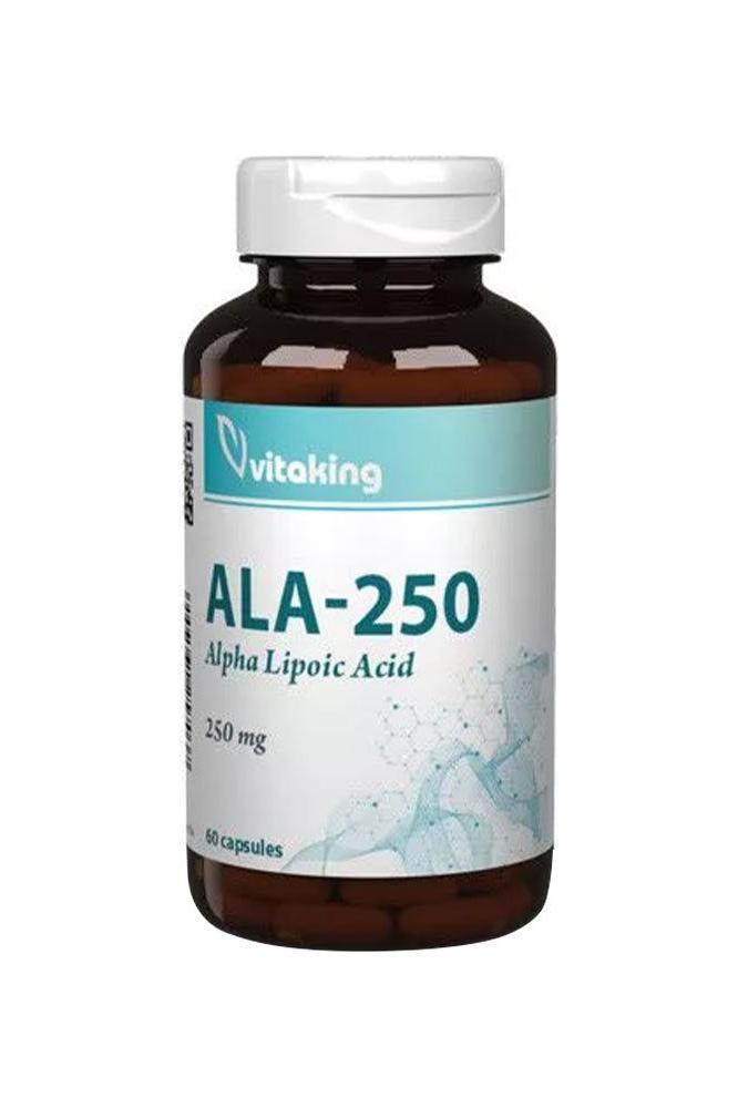 Vitaking ALA-250 Alpha Lipoic Acid supplement bottle, 250 mg, 60 caplets for health benefits.