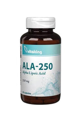 Vitaking ALA-250 Alpha Lipoic Acid supplement bottle, 250 mg, 60 caplets for health benefits.