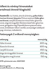 Label of a herbal food supplement highlighting pollen and plant extracts with nutritional information.