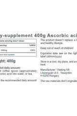 Label for Vitaking Ascorbic Acid Powder, 400g, details on usage and storage instructions.