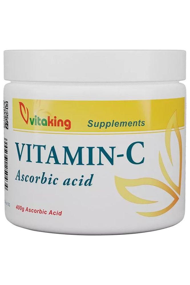 Vitaking Ascorbic Acid Powder 400g for immune support and energy metabolism in a white container.