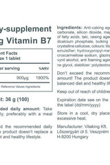 Supplement facts and ingredients for Vitaking B7 Biotin 900 mcg - 100 tablets for hair, skin, and nail health.