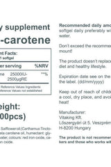 Supplement facts for Vitaking Beta-Carotene Pro-Vitamin A 25,000 IU with usage instructions and warnings.