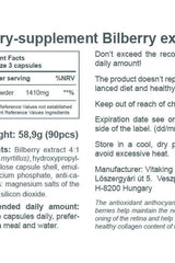 Vitaking Bilberry Extract supplement facts and dosage information; 90 capsules intended for eye health support.