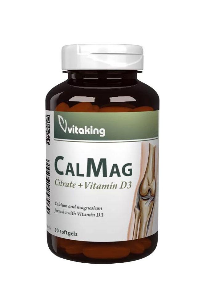 Vitaking CalMag Citrate + Vitamin D3 softgels supplement bottle for calcium and magnesium support.