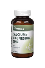 Vitaking CalMag-Zinc supplement bottle with calcium, magnesium, and zinc for optimal health, 100 tablets.
