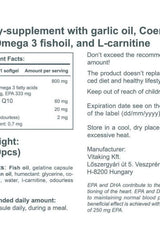 Nutritional information for Vitaking Cardiolic heart support supplement, featuring garlic oil, CoQ10, and omega-3 fatty acids.
