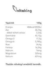 Nutrition facts label for Vitaking Chia Seeds, showing energy, fats, omega content, and minerals per 100g.