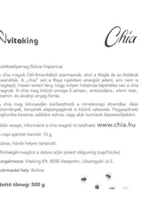 Vitaking Chia Seed 500g packaging details including benefits and usage instructions.