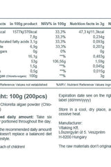 Nutrition facts label for Vitaking Chlorella Blue-Green Algae tablets, showing nutrients and serving information.