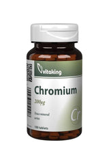 Vitaking Chromium 200 mcg dietary supplement bottle with 100 tablets for blood sugar support.