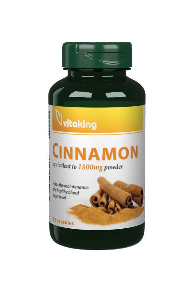 Vitaking Cinnamon 375 mg dietary supplement bottle with 90 capsules, promotes healthy blood sugar levels.