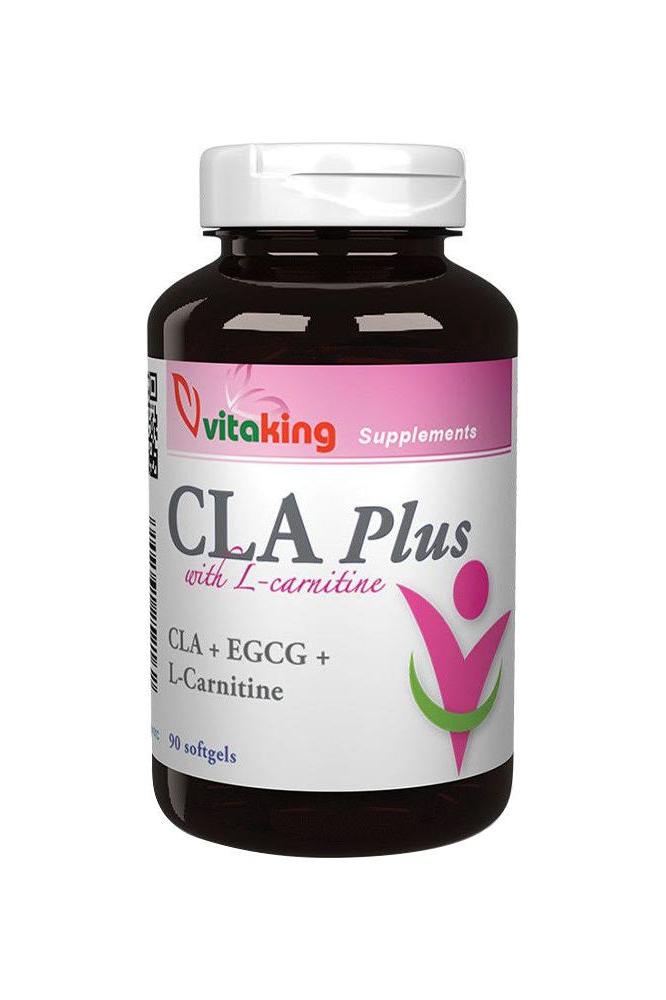 Vitaking CLA Plus supplement bottle with L-Carnitine, EGCG, 90 softgels for weight loss support.