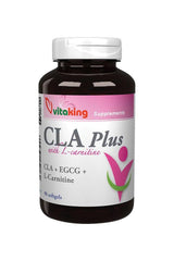 Vitaking CLA Plus supplement bottle with L-Carnitine, EGCG, 90 softgels for weight loss support.