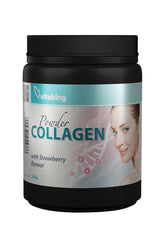 Vitaking Collagen Powder, strawberry flavor, promoting skin, joint, and muscle health in a 330g container.