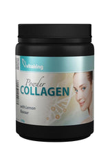 Vitaking Collagen Powder with Lemon flavor in a black jar, promoting skin and joint health.
