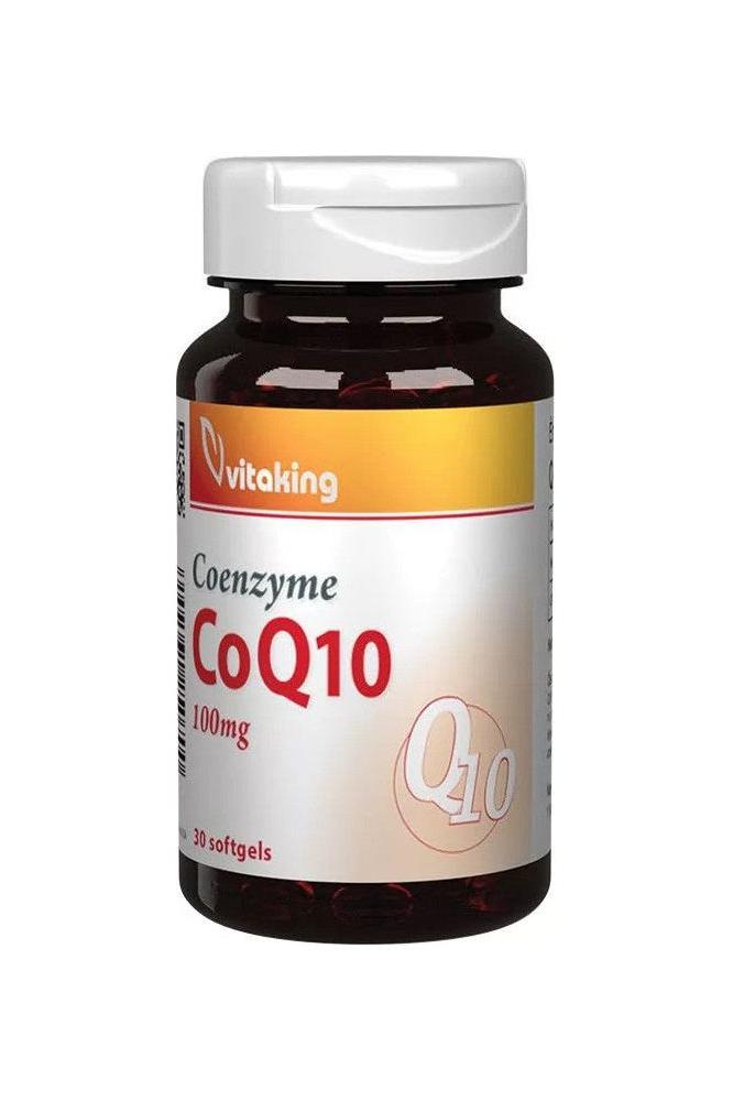 Vitaking CoQ10 Coenzyme 100 mg supplement bottle with 30 softgels for heart health and energy support.