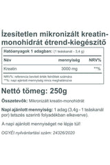 Nutritional information for Vitaking 100% Pure Creatine Monohydrate Powder, 250g package.