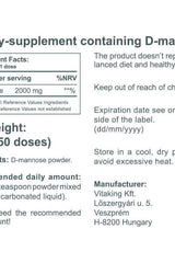 Label for Vitaking D-mannose powder supplement, detailing ingredients and usage instructions.