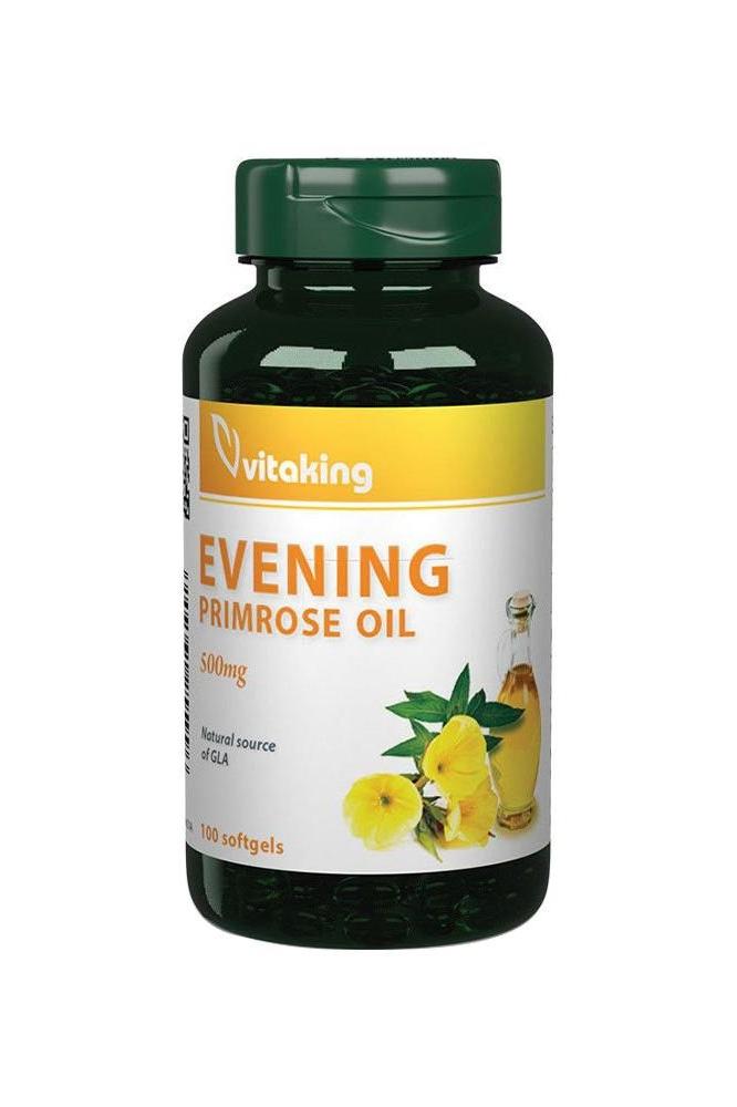 Vitaking Evening Primrose Oil 500 mg supplement bottle with 100 softgels for skin and hormonal health.