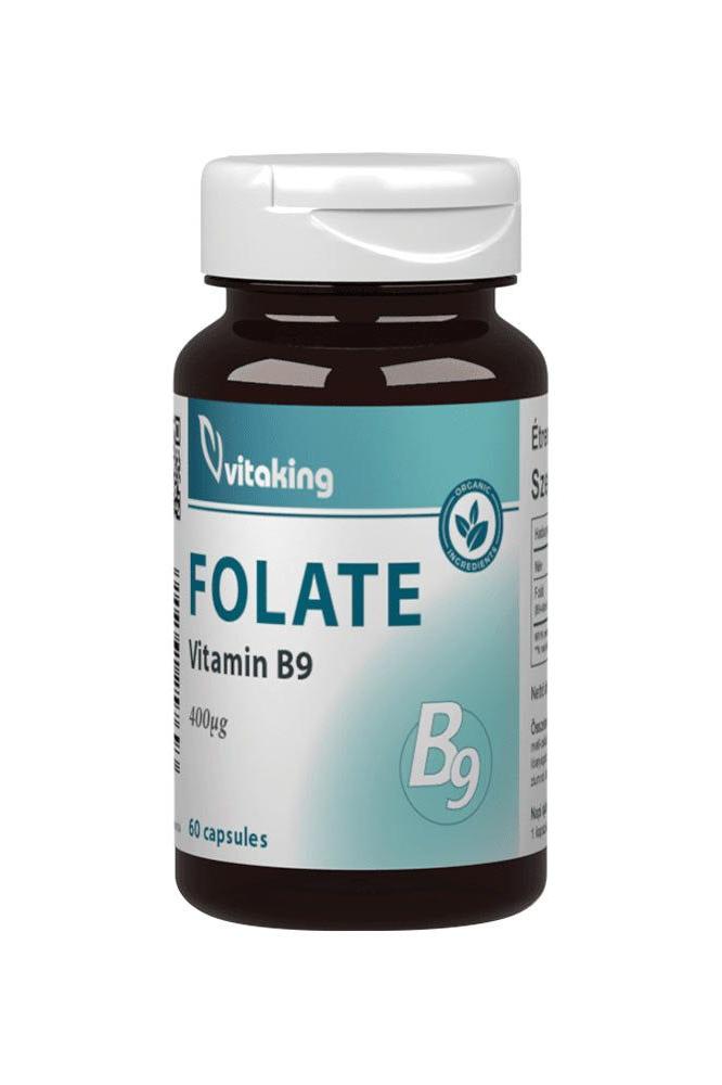 Vitaking Folate Vitamin B9 supplement bottle with 60 capsules promoting healthy brain function.