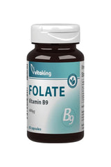 Vitaking Folate Vitamin B9 supplement bottle with 60 capsules promoting healthy brain function.