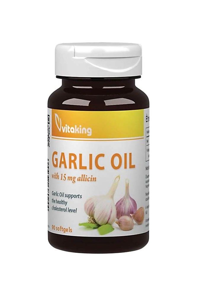 Vitaking Garlic Oil supplement with 15 mg allicin in a bottle containing 90 softgels.