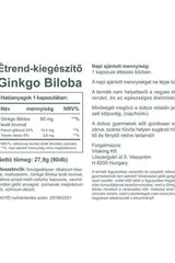 Ginkgo Biloba supplement facts label showing 60mg leaf extract per capsule, highlighting cognitive benefits and ingredients.