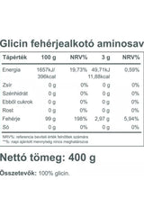 Nutritional information for Vitaking Glycine 100% pure powder, 400 g, detailing energy and amino acid content.