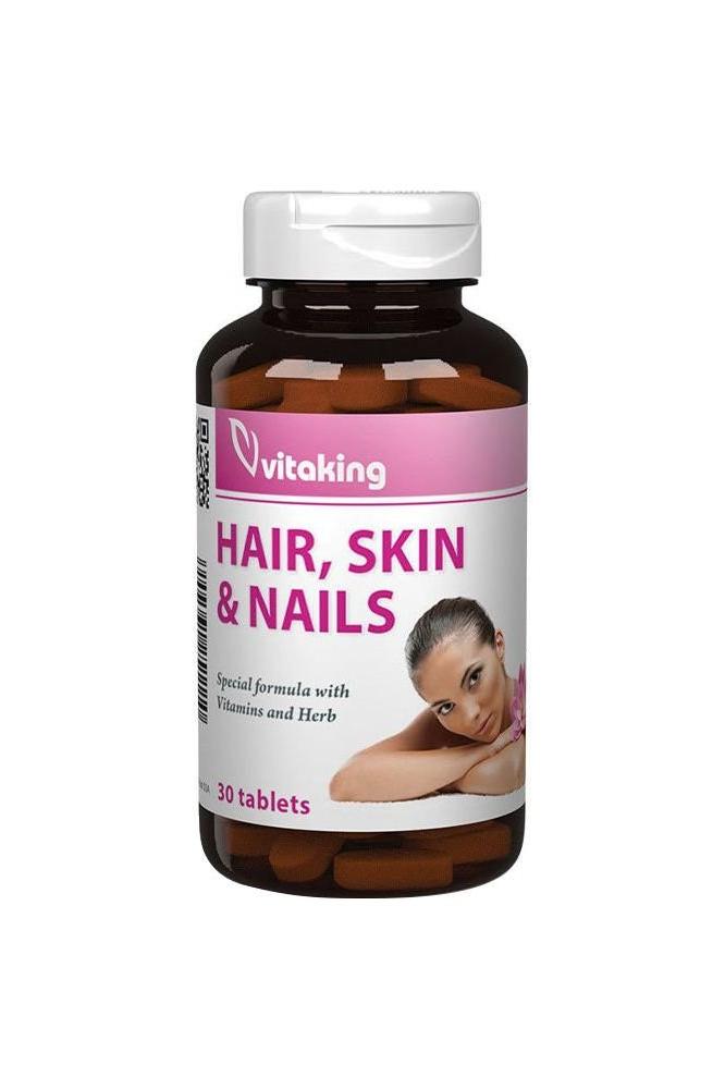 Vitaking Hair Skin & Nails vitamin bottle, promoting healthy hair, skin, and nails with special formulas.