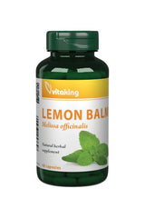 Vitaking Lemon Balm 500 mg supplement bottle with 60 capsules for relaxation and well-being.