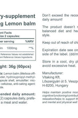 Vitaking Lemon Balm supplement facts label, highlighting benefits and usage instructions for relaxation and cognitive support.