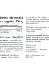 Vitaking Maca 500 mg supplement label with ingredients and nutritional information.