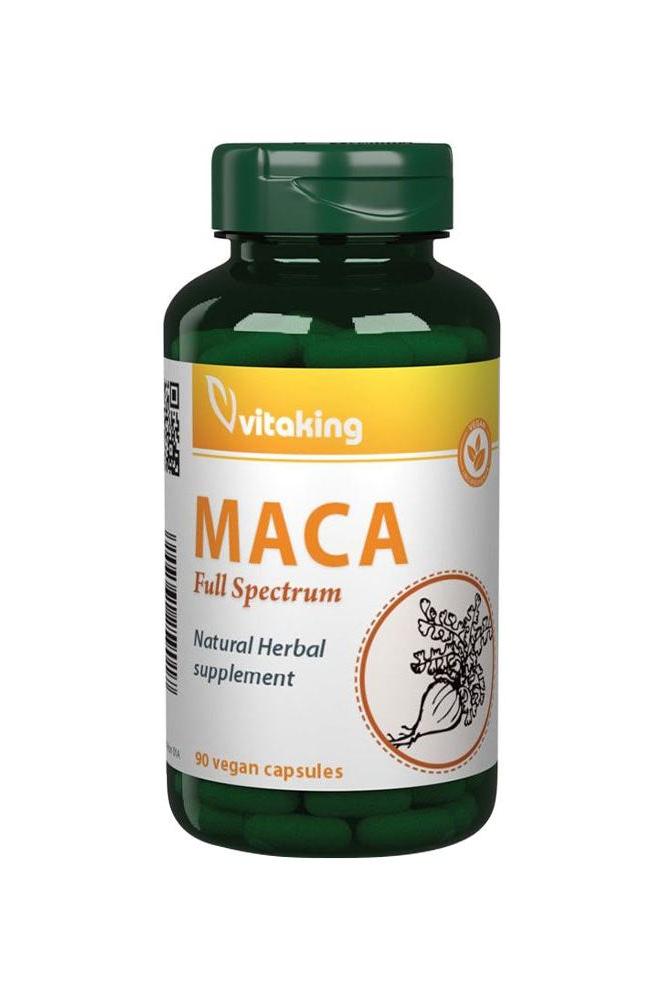 Vitaking Maca 500 mg vegan capsules bottle, a natural herbal supplement for energy and hormone balance.
