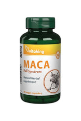 Vitaking Maca 500 mg vegan capsules bottle, a natural herbal supplement for energy and hormone balance.