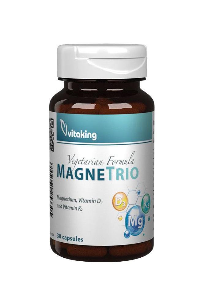 Vitaking Magne Trio vegetarian capsules for muscle and heart support, containing magnesium, vitamin D3, and vitamin K2.